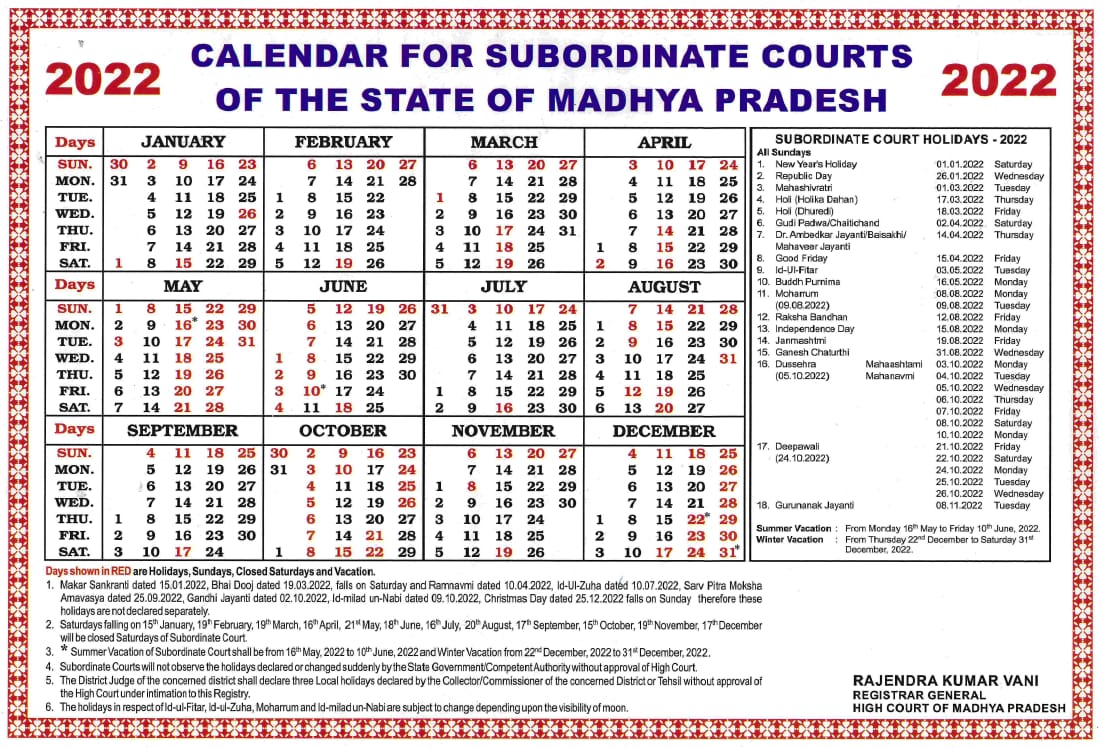 Calendar District Courts of Madhya Pradesh